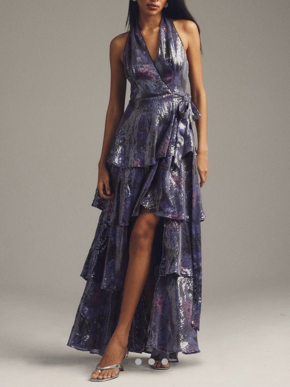 Hutch Metallic Purple Halter High-Low Ruffle Wrap Dress